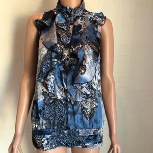 Jaipur Animal Print Floral Sleeveless High-Neck Raffled Blouse Women’s Size M